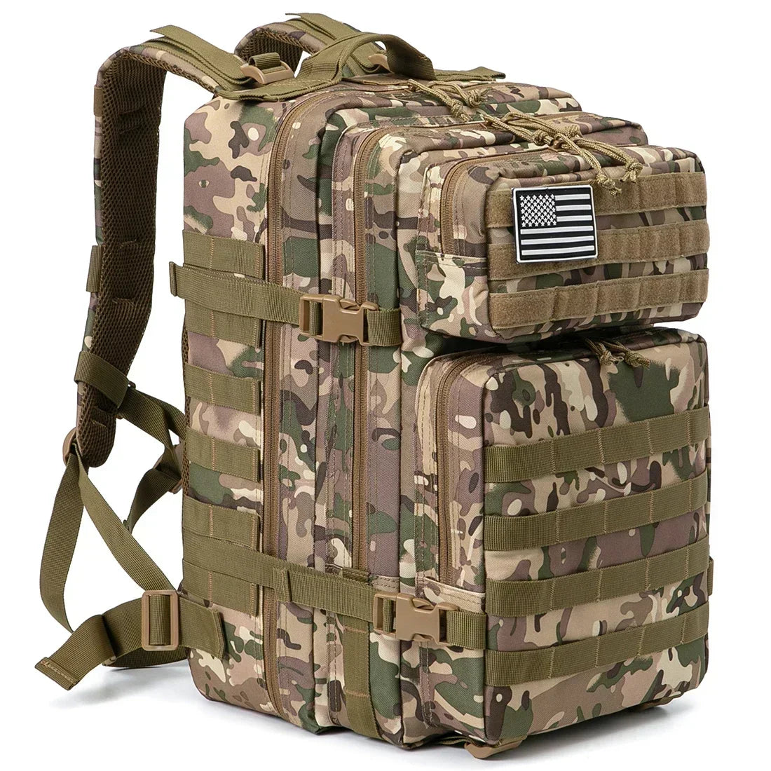 FanzyMarket 45L camouflage tactical backpack for outdoor hiking, camping, trekking, and gym activities for men and women.