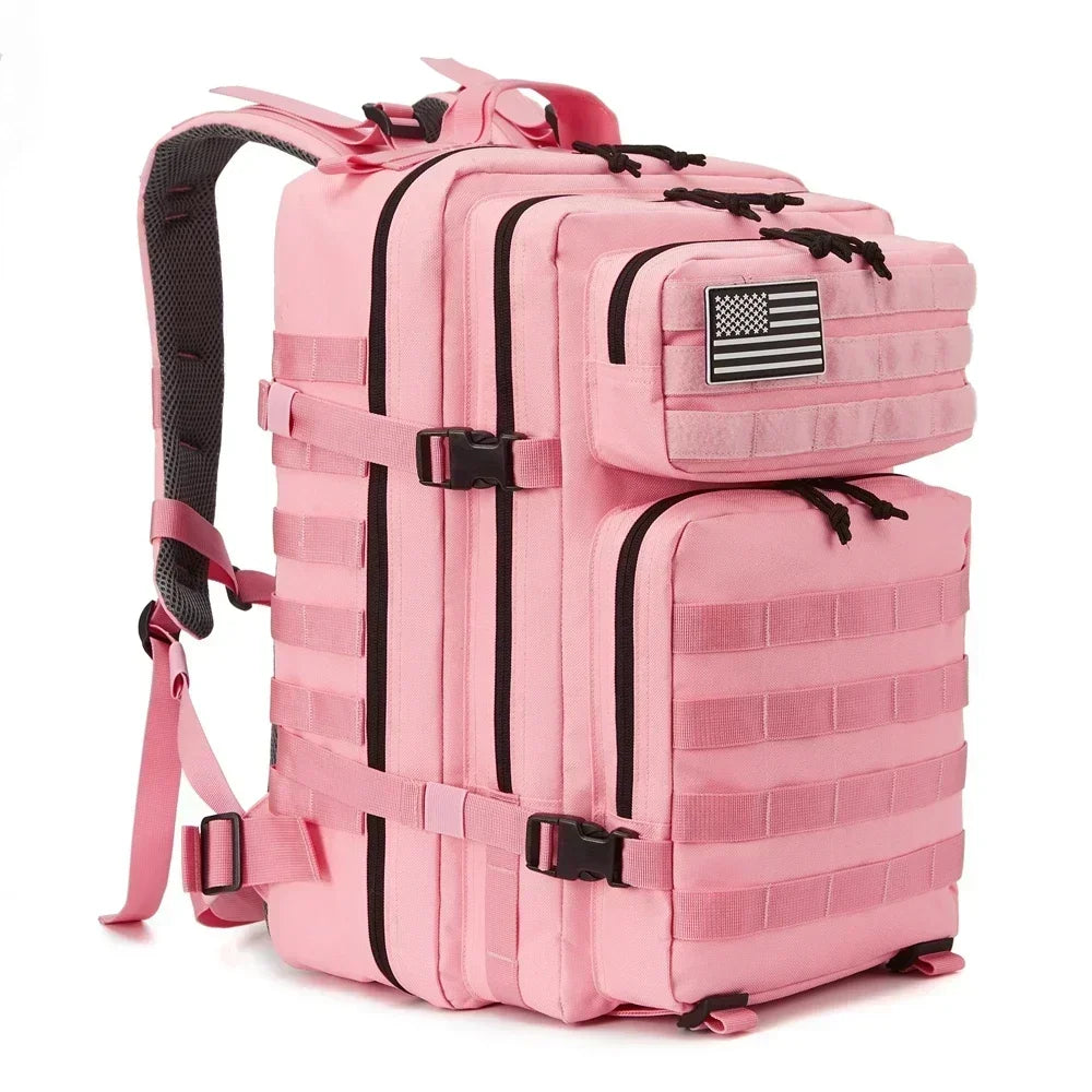 FanzyMarket 45L tactical backpack with tree camo pattern, ideal for hiking, camping, and outdoor adventures for men and women.