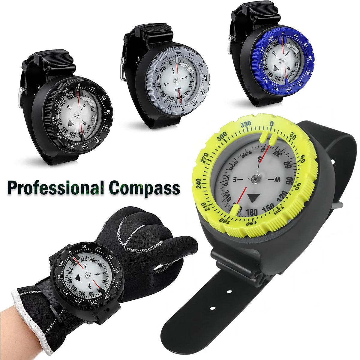 FanzyMarket digital underwater diving compass wristwatch, yellow, 50m waterproof, luminous scuba navigator for outdoor water activities.