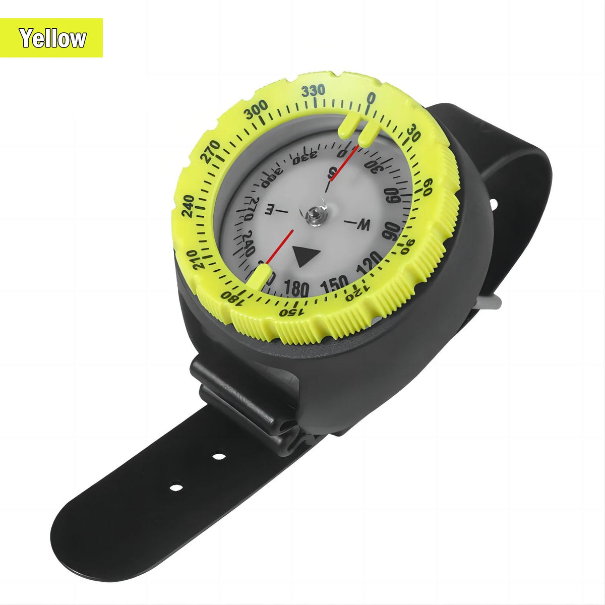 Yellow digital underwater diving compass wristwatch by FanzyMarket, 50m waterproof, luminous scuba navigator for outdoor sports.
