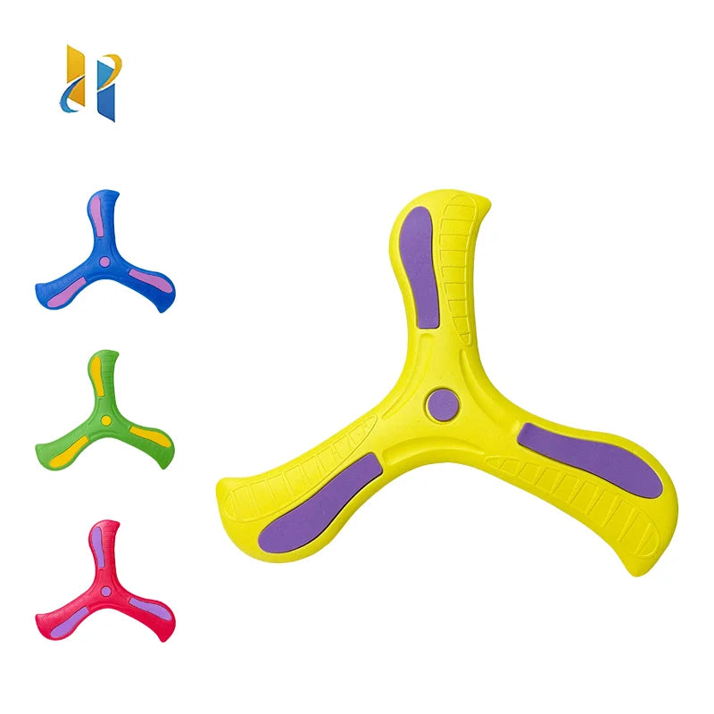 FanzyMarket yellow soft foam boomerang flying disc, 10.2 inches, three-leaf cross design, outdoor safe EVA toy for kids and adults.