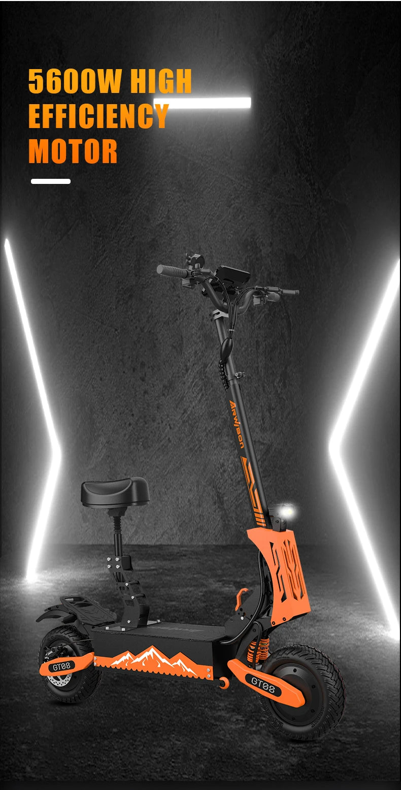FanzyMarket 5600W dual motor electric scooter for adults with 11-inch off-road tires, folding design, seat, and vibrant yellow color.