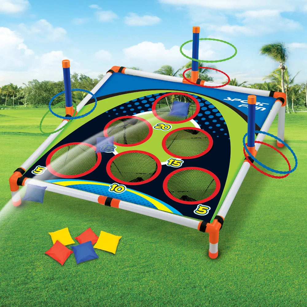 Portable cornhole toss board set by FanzyMarket, outdoor yard game with colorful boards for kids and adults.