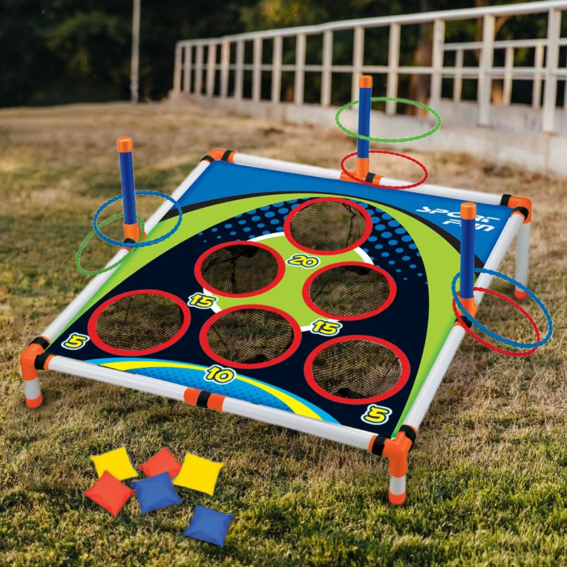 Portable FanzyMarket cornhole toss board set with blue and red bags, easy to assemble for outdoor yard game for kids and adults.