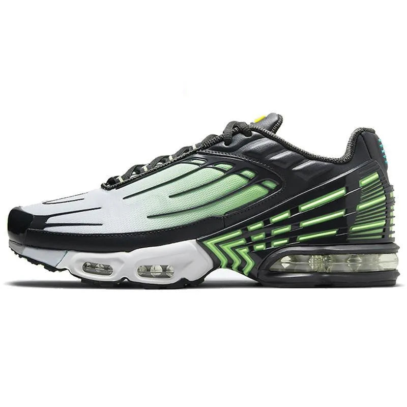 Silver and black breathable outdoor running sneakers by FanzyMarket, unisex athletic shoes with comfortable fit for sports and fitness.