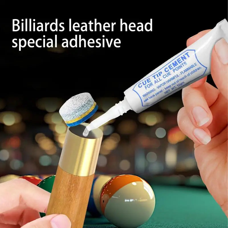 FanzyMarket pool cue tip glue in 10g, a repair adhesive for leather and wood billiard cue tips, ideal for cue maintenance and repair.