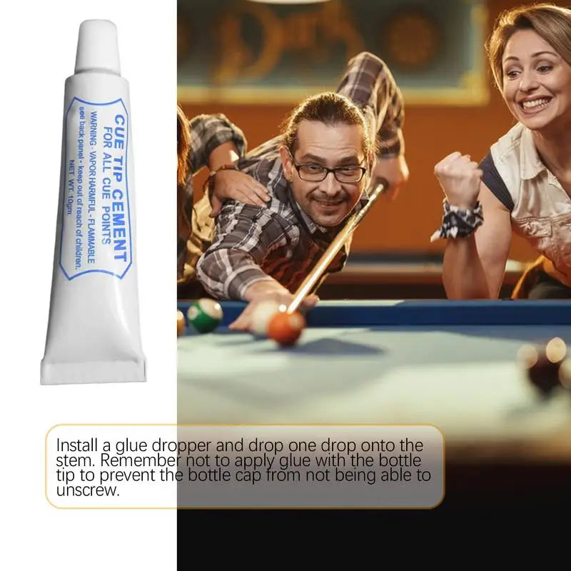 FanzyMarket pool cue tip glue in a 10g tube, billiard cue repair adhesive for leather and wood tips, ideal for cue maintenance.