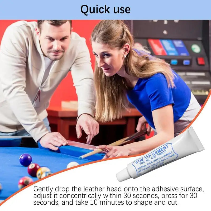 FanzyMarket pool cue tip glue for billiard cue repair, 10g adhesive for leather and wood tips in a small tube.