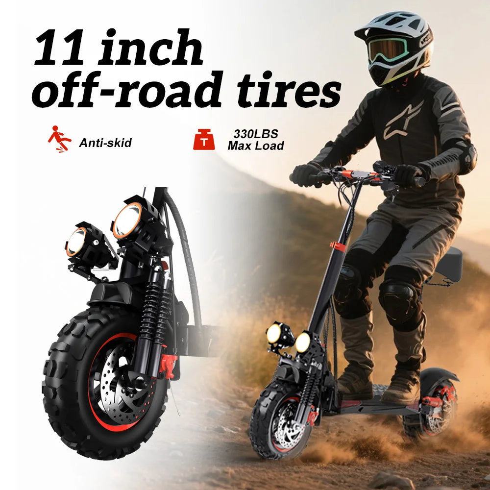FanzyMarket 1200W off-road electric scooter with seat, foldable design, 11-inch tires, 48V battery, suitable for commuting and outdoor adventure