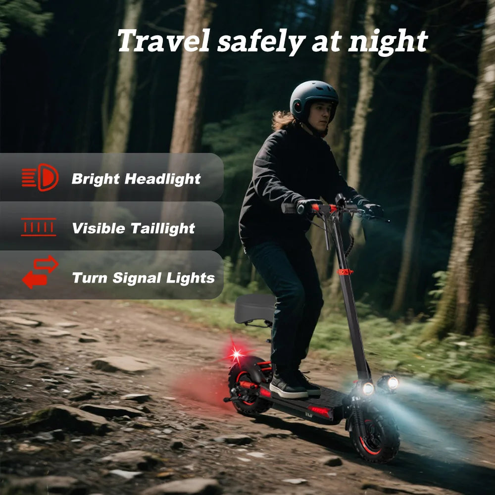 FanzyMarket 1200W off-road electric scooter with seat, foldable design, 11-inch tires, 48V battery, suitable for commuting and outdoor adventures.