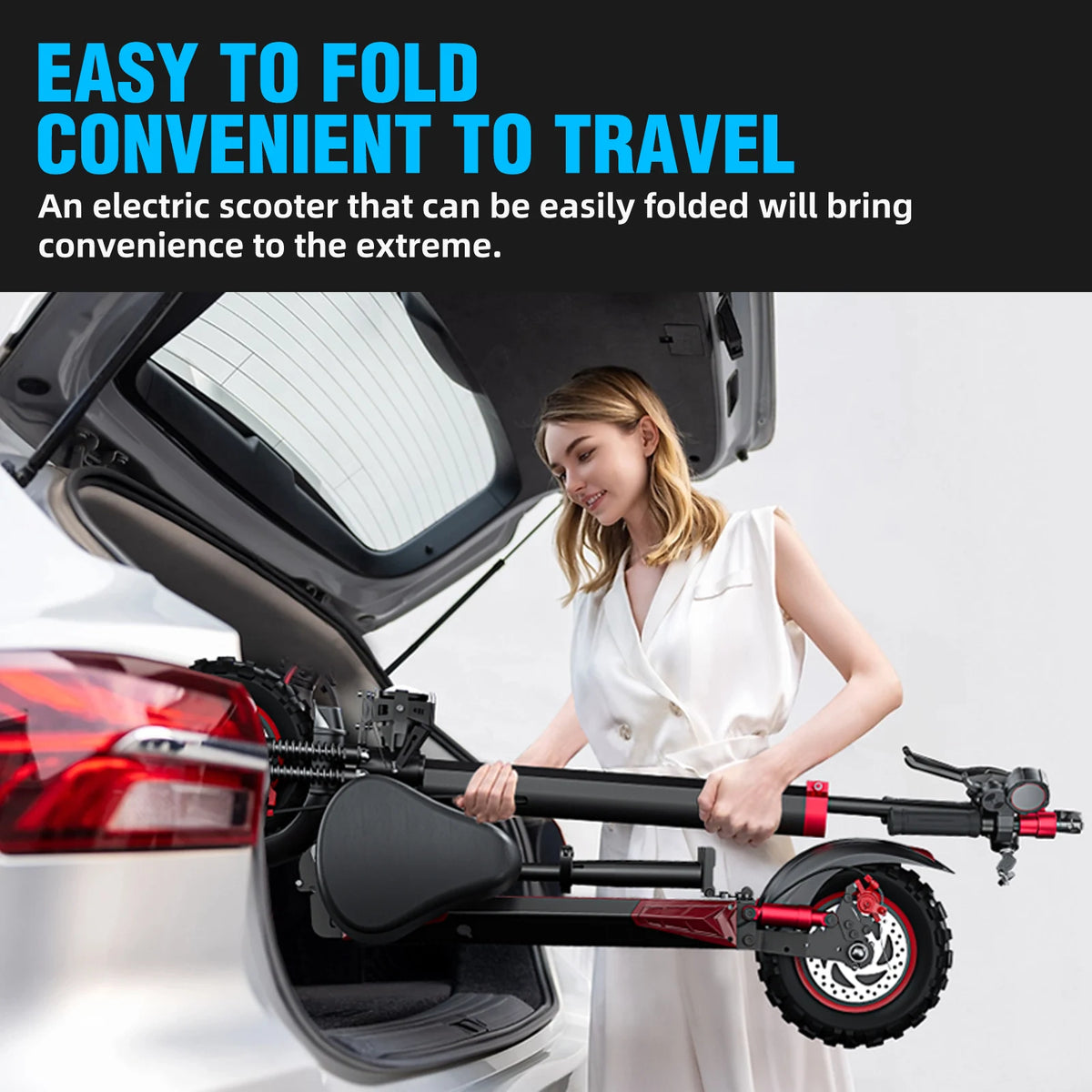 FanzyMarket 1200W off-road electric scooter with seat, foldable design, 11-inch tires, 48V battery, suitable for commuting and outdoor riding.