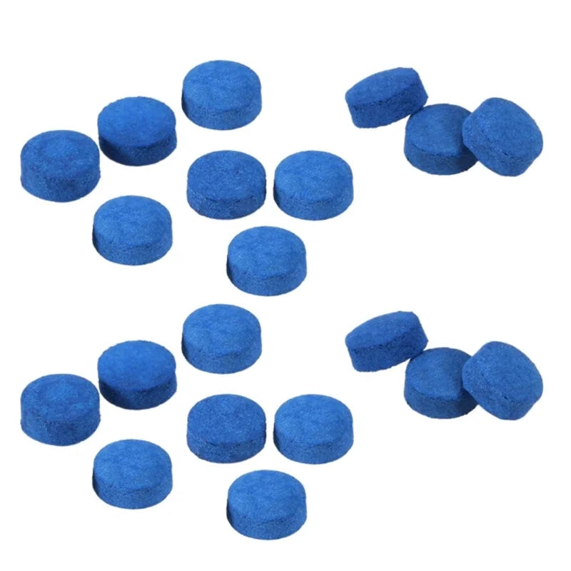 20-pack of FanzyMarket leather pool cue tips in 10, 12, and 13mm sizes for snooker and billiards replacement tips.