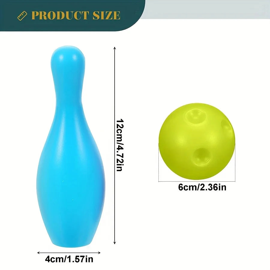 Mini bowling set with 10 plastic pins and 2 balls for kids, ideal for indoor and outdoor play, from FanzyMarket.
