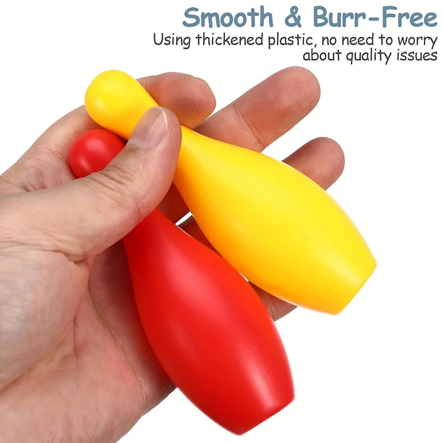 Mini bowling set with 10 plastic pins and 2 balls for kids, ideal for indoor or outdoor play and party fun by FanzyMarket.