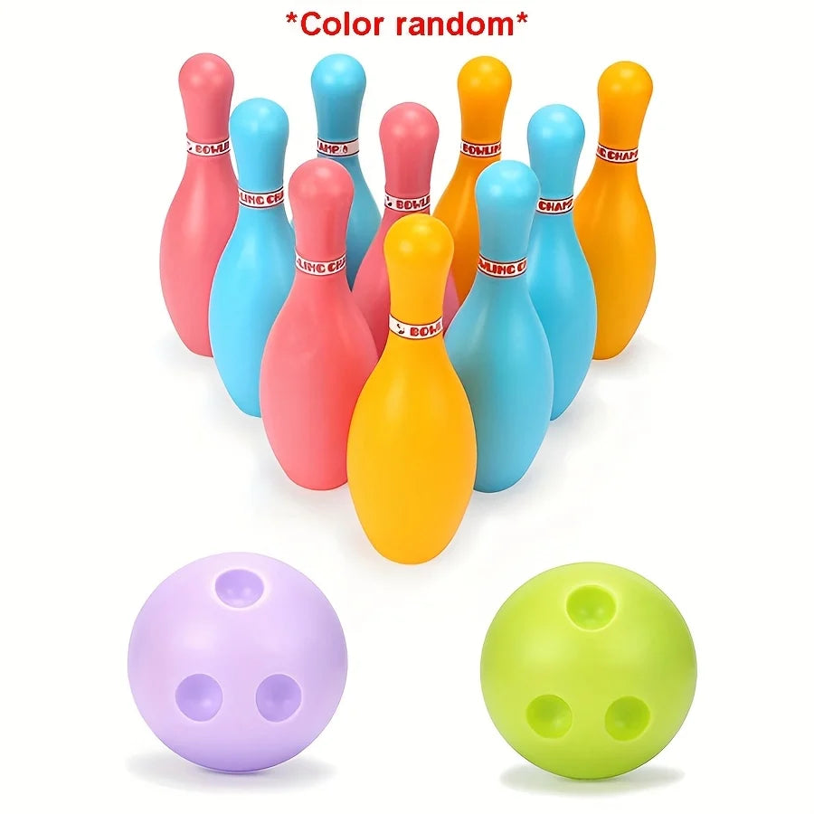 Mini bowling set with 10 plastic pins and 2 balls, suitable for kids indoor outdoor sports and party games by FanzyMarket.