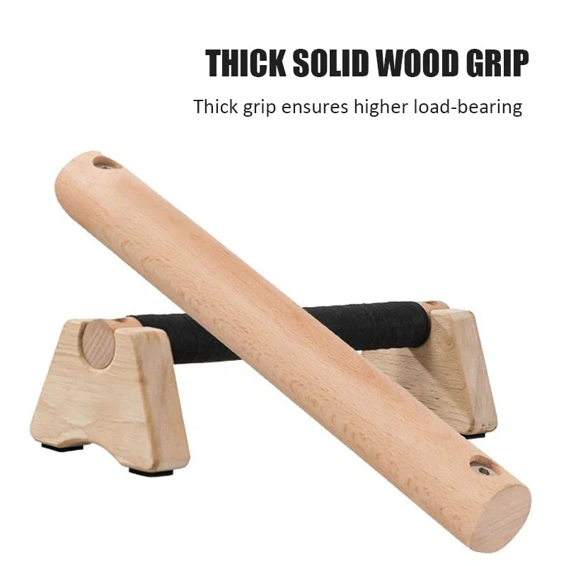 Two wooden push-up stands by FanzyMarket, non-slip beech parallettes for calisthenics and home fitness exercises.