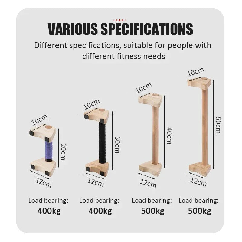 Pair of FanzyMarket wooden push-up stands with non-slip beechwood surface, ideal for calisthenics and home fitness workouts.