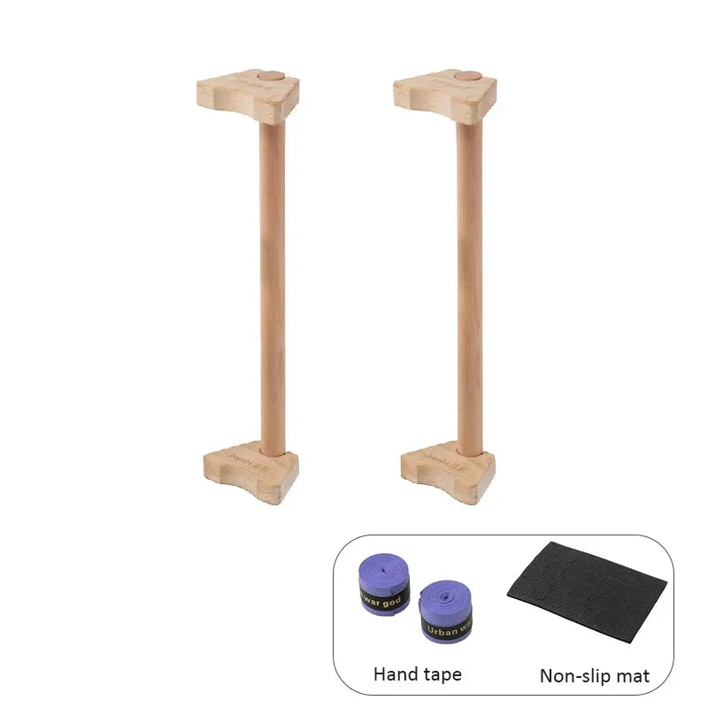 Two wooden push-up stands by FanzyMarket, non-slip beech parallettes for calisthenics and home fitness, supporting up to 400kg.
