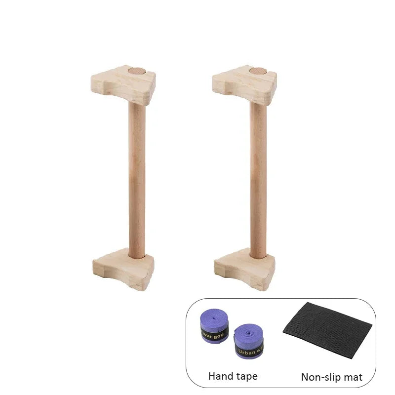 Two wooden push-up stands by FanzyMarket, non-slip beech parallettes for calisthenics and home fitness, supporting up to 400kg.