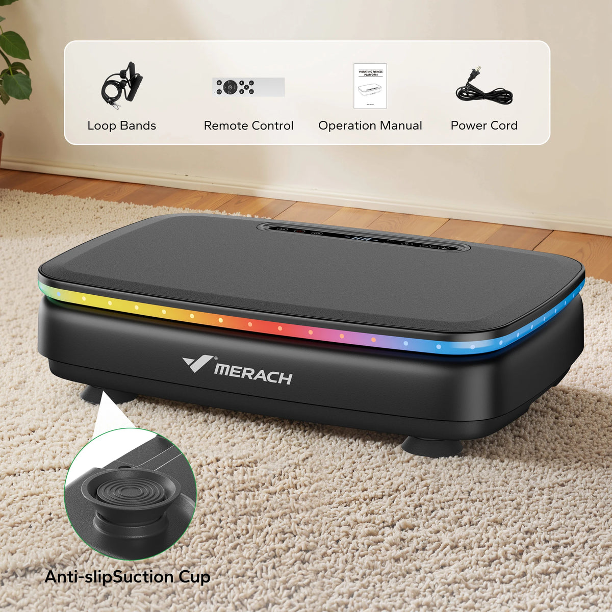 FanzyMarket whole body vibration plate machine with LED lights, Bluetooth speaker, 330 lb capacity, 99 speeds, remote control.