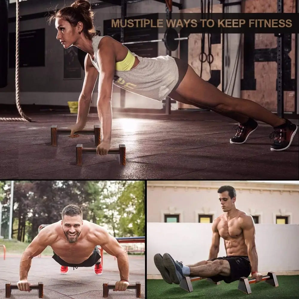 Pair of FanzyMarket wooden push-up stands with anti-slip bases, 25cm and 50cm, for home strength training and fitness exercises.