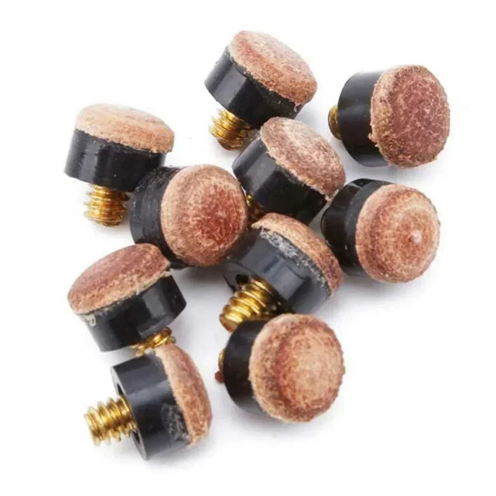 Set of 5 FanzyMarket screw-in pool cue tips, 10mm-13mm, for snooker and billiards, featuring leather construction and metal screw-in base.