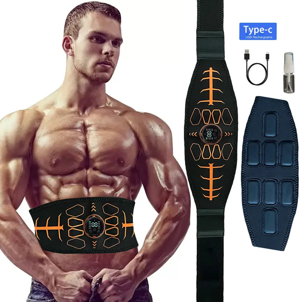 FanzyMarket rechargeable EMS abdominal toning belt with adjustable fit, 10 modes, and 30 intensity levels for muscle stimulation.