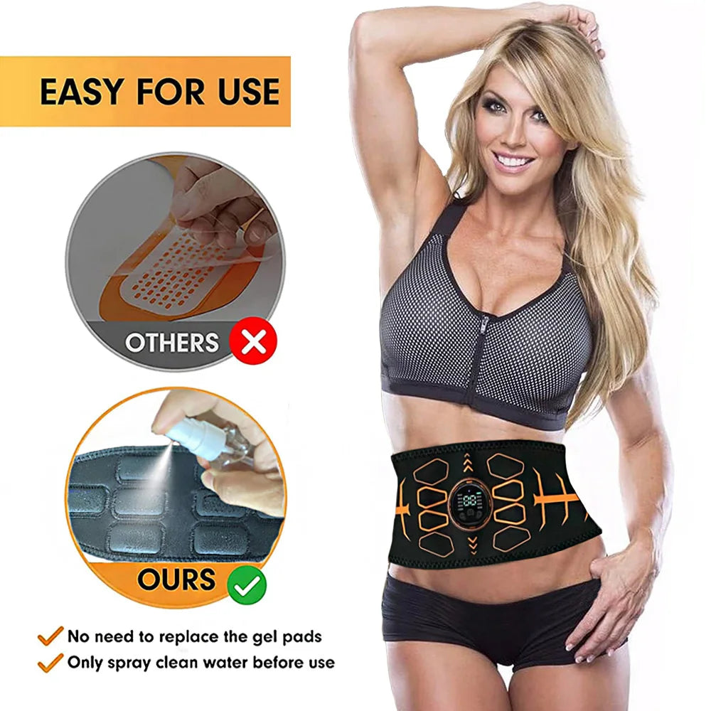 FanzyMarket rechargeable EMS abdominal toning belt with adjustable fit, 10 modes, and 30 intensity levels for muscle stimulation and slimming.