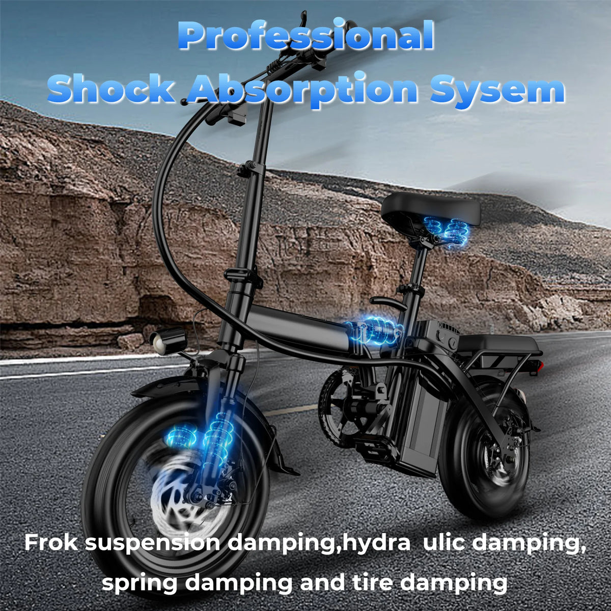 FanzyMarket 500W folding electric bike with 14-inch wheels, front basket, dual shock absorption, and removable 48V battery.