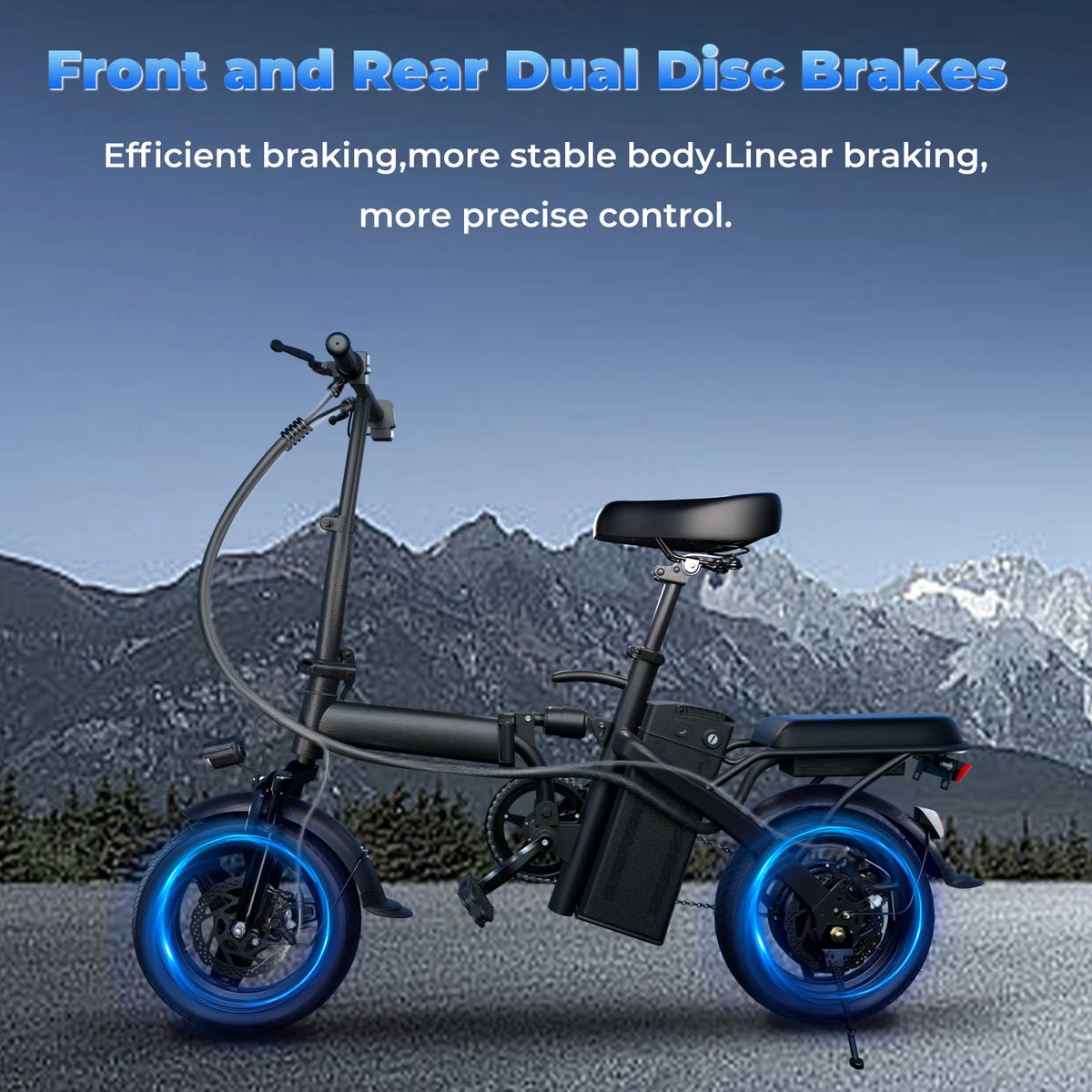 FanzyMarket 500W folding electric bike with 14-inch wheels, front basket, dual shock absorption, 48V removable battery, black color.