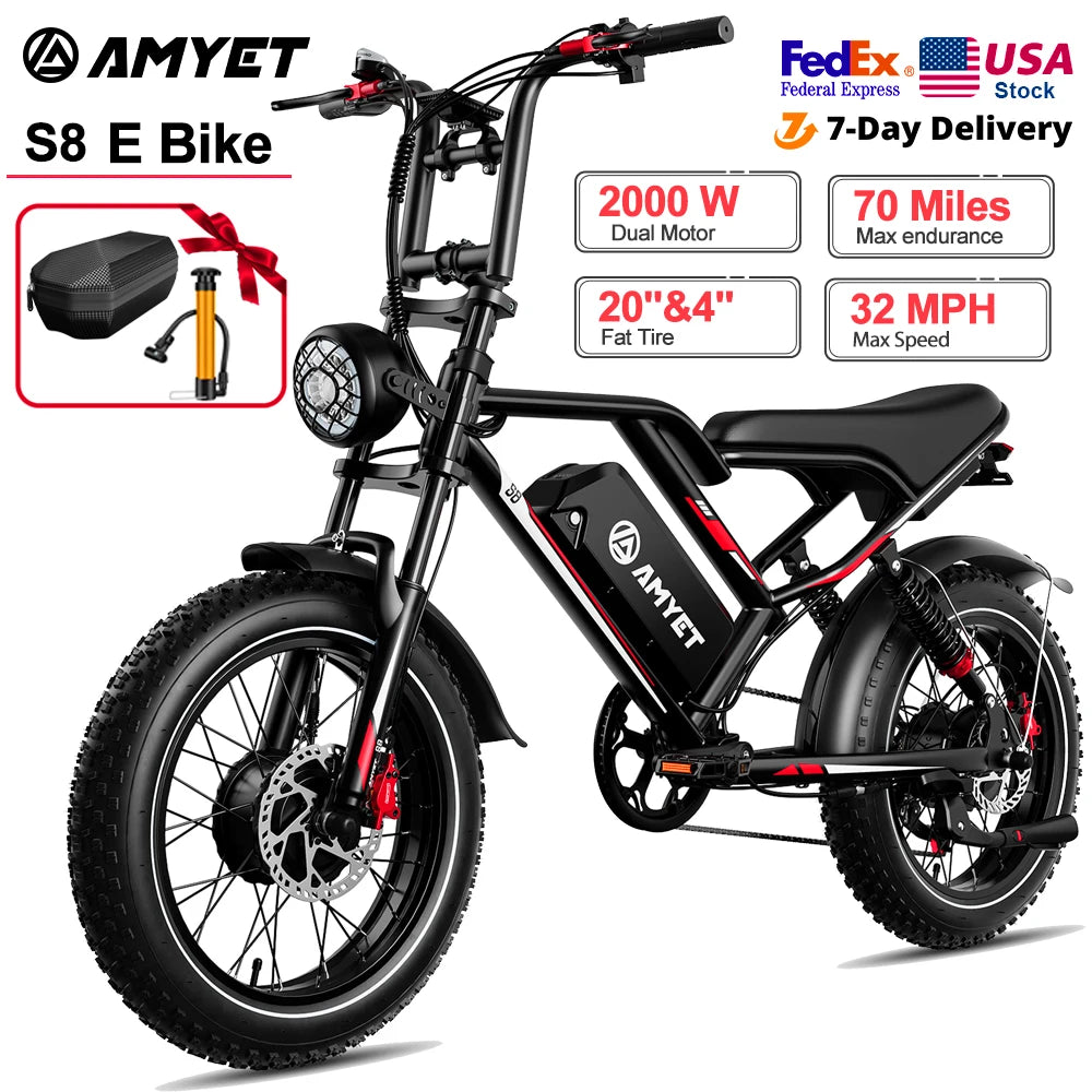 FanzyMarket 2000W dual motor electric bike with fat tires, 7-speed, full suspension, and hydraulic disc brakes in black.