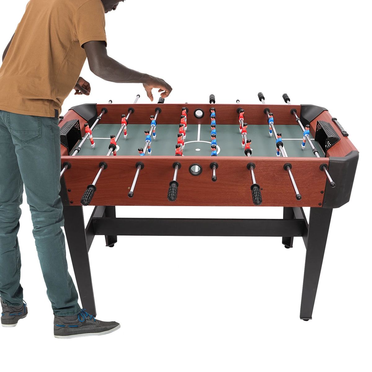 FanzyMarket 8-rod foosball table with steel rods and counterbalanced players, measuring 120x61x81 cm, for home game room.