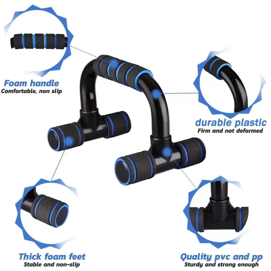 Blue foam grip push-up bars from FanzyMarket, designed for home workout and strength training exercises.