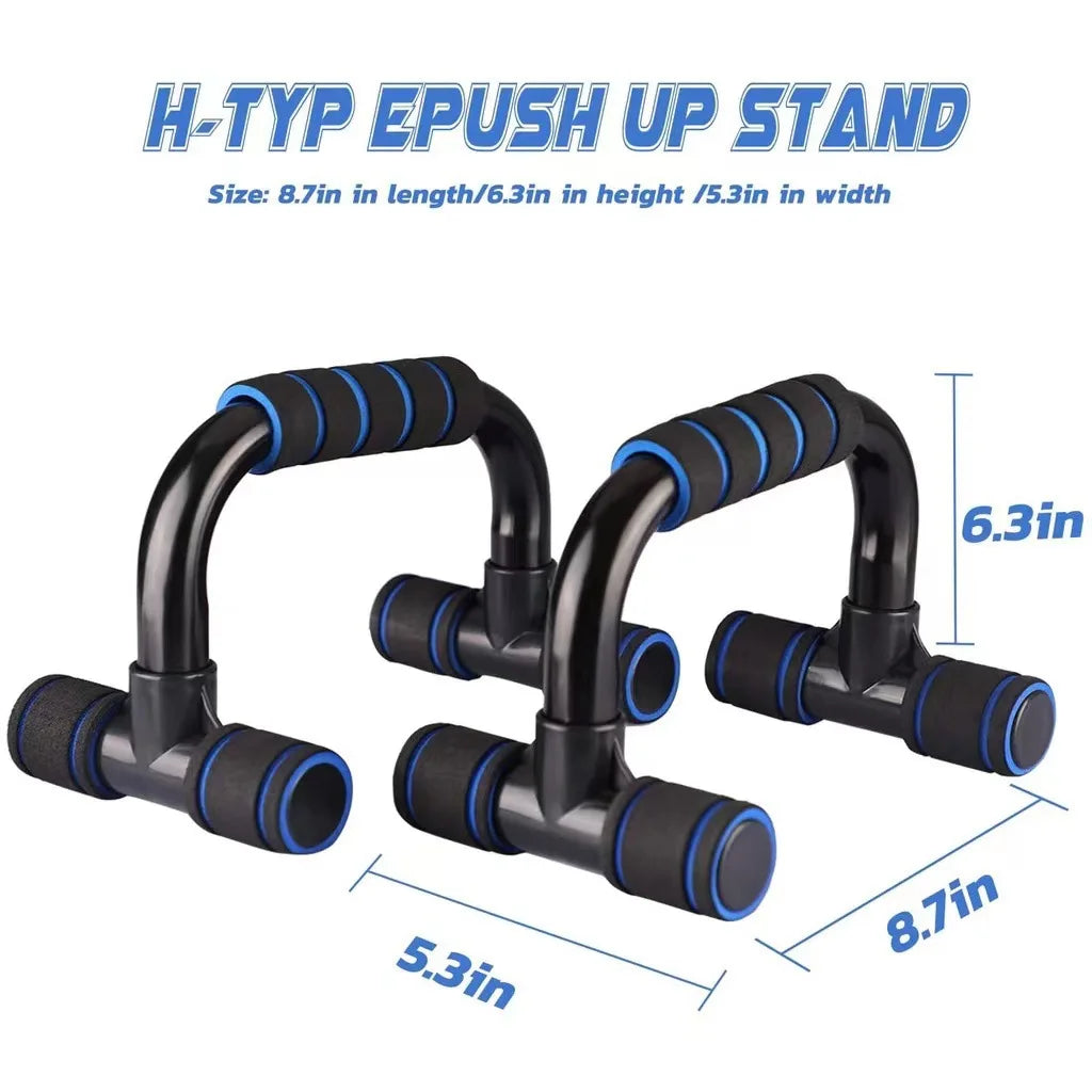 Blue foam grip push-up bars from FanzyMarket for home workout and strength training, featuring comfortable handles and sturdy stands.
