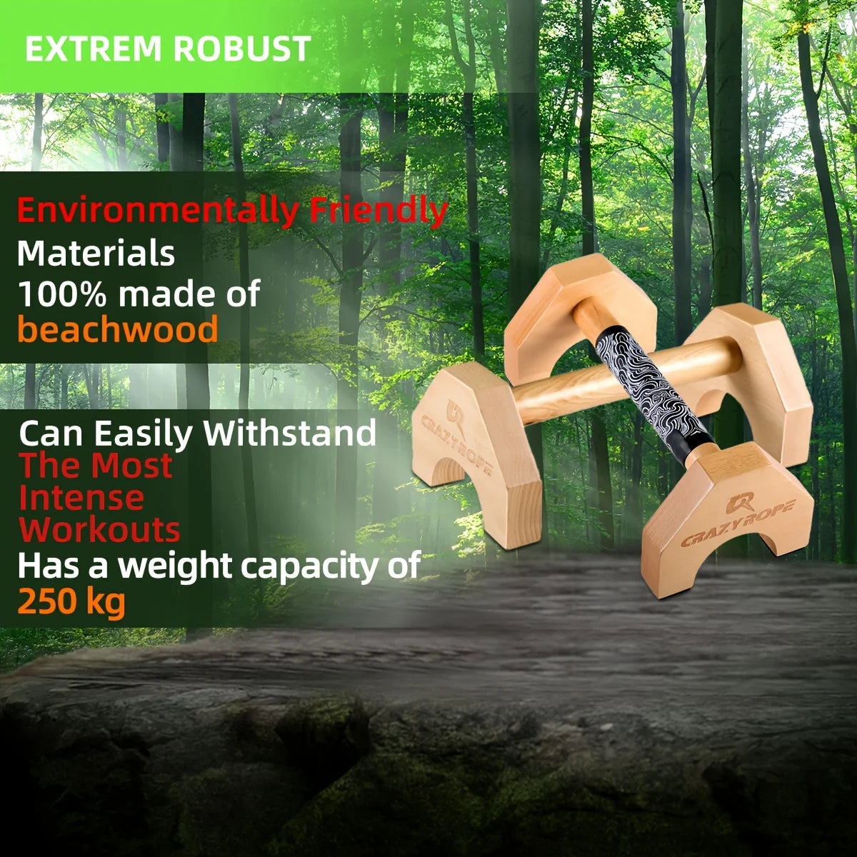 Pair of wooden FanzyMarket push-up bars for strength training and handstand practice, portable and durable workout equipment.