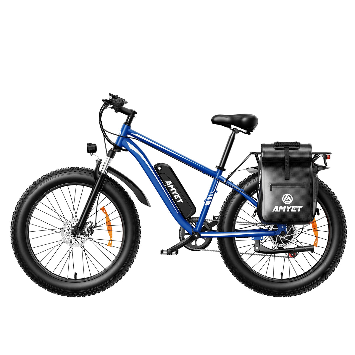 Blue FanzyMarket electric fat tire mountain bike with 26-inch wheels, dual suspension, and removable battery in a riding scene.