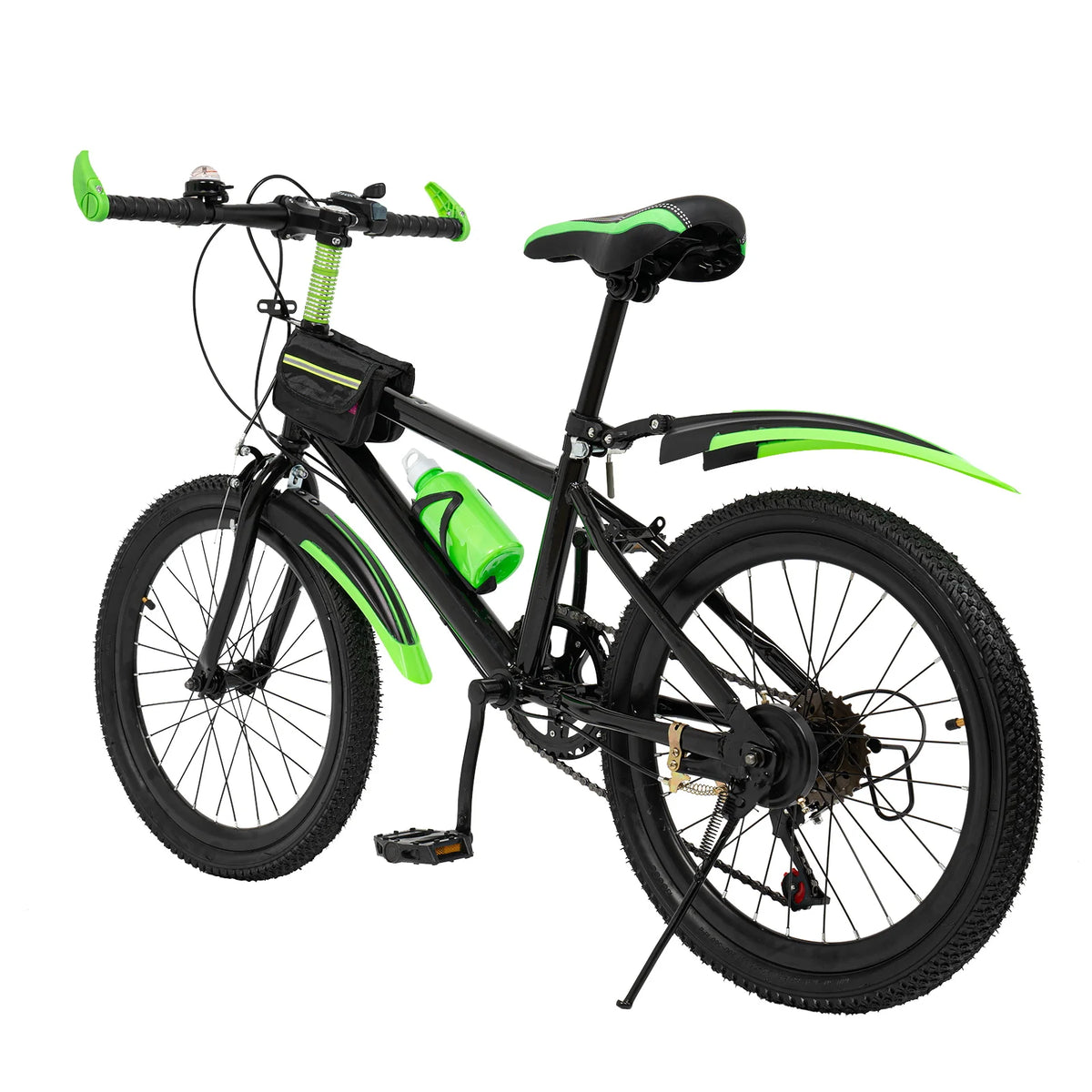 Green 20-inch FanzyMarket kids mountain bike with 7-speed gears and adjustable seat for children 130-150 cm tall.