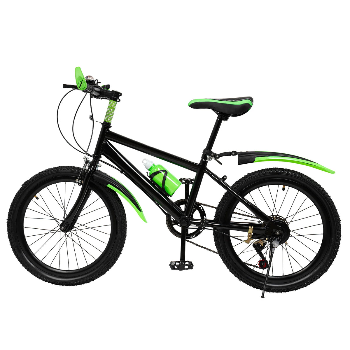 Green FanzyMarket 20-inch kids' mountain bike with 7-speed gear, adjustable seat for heights 130–150 cm.
