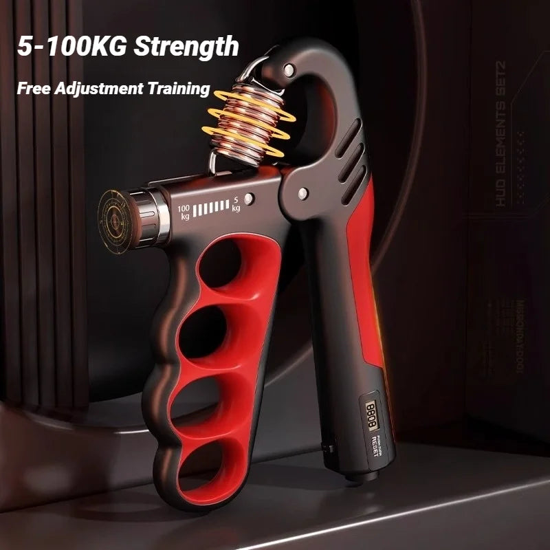 FanzyMarket adjustable hand grip strengthener with electronic counter, suitable for wrist and hand rehab, supports 5-100kg weight.