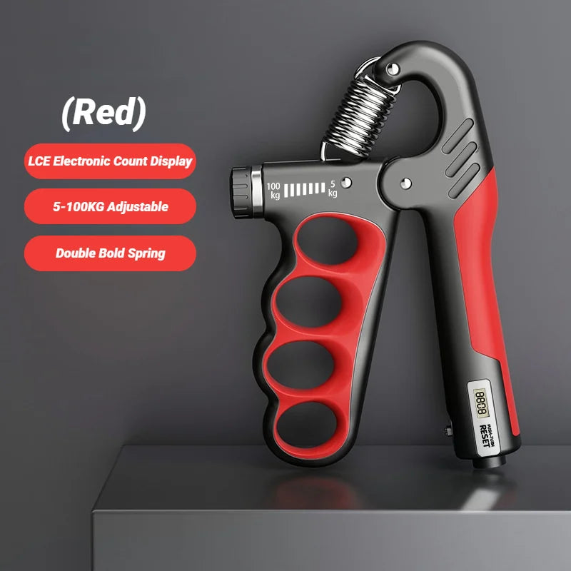 FanzyMarket adjustable electronic hand grip strengthener with digital counter, suitable for wrist and hand rehab, supports 5-100kg.
