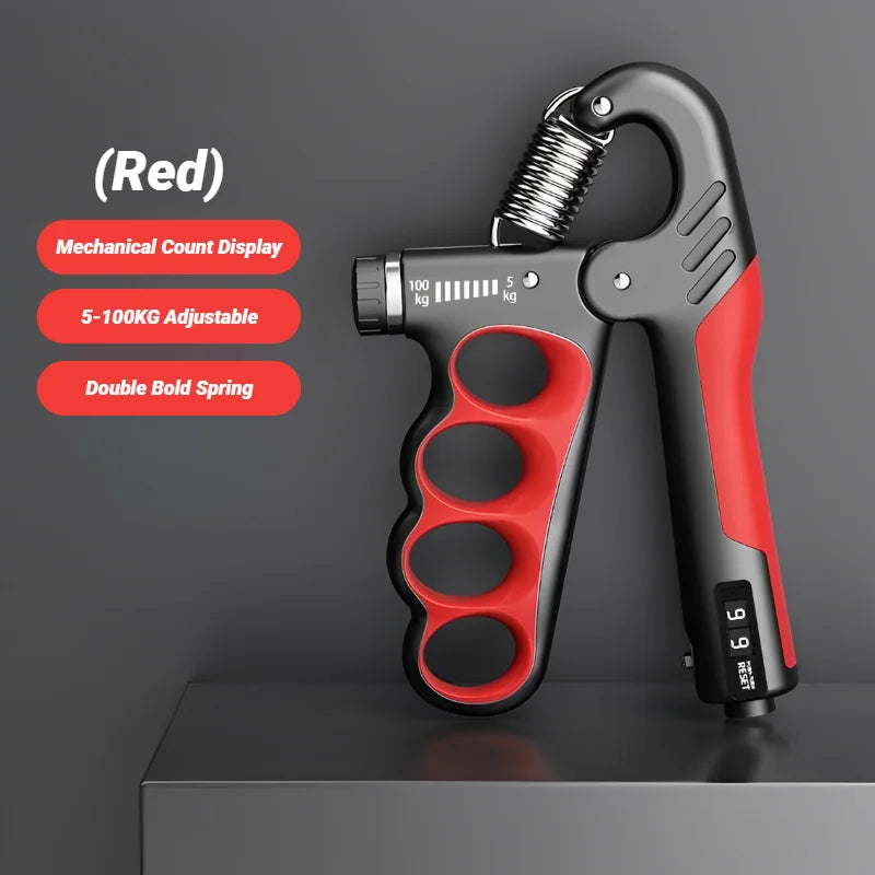 FanzyMarket adjustable electronic hand grip strengthener for wrist and hand rehab, with digital weight display, in grey.