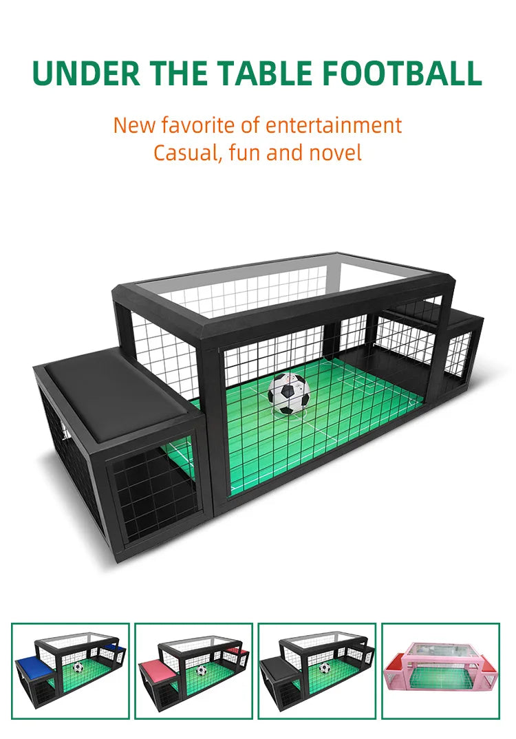 FanzyMarket coin-operated 2-player foosball table showing soccer players, rods, and scoring counters in a spacious indoor/outdoor setting.