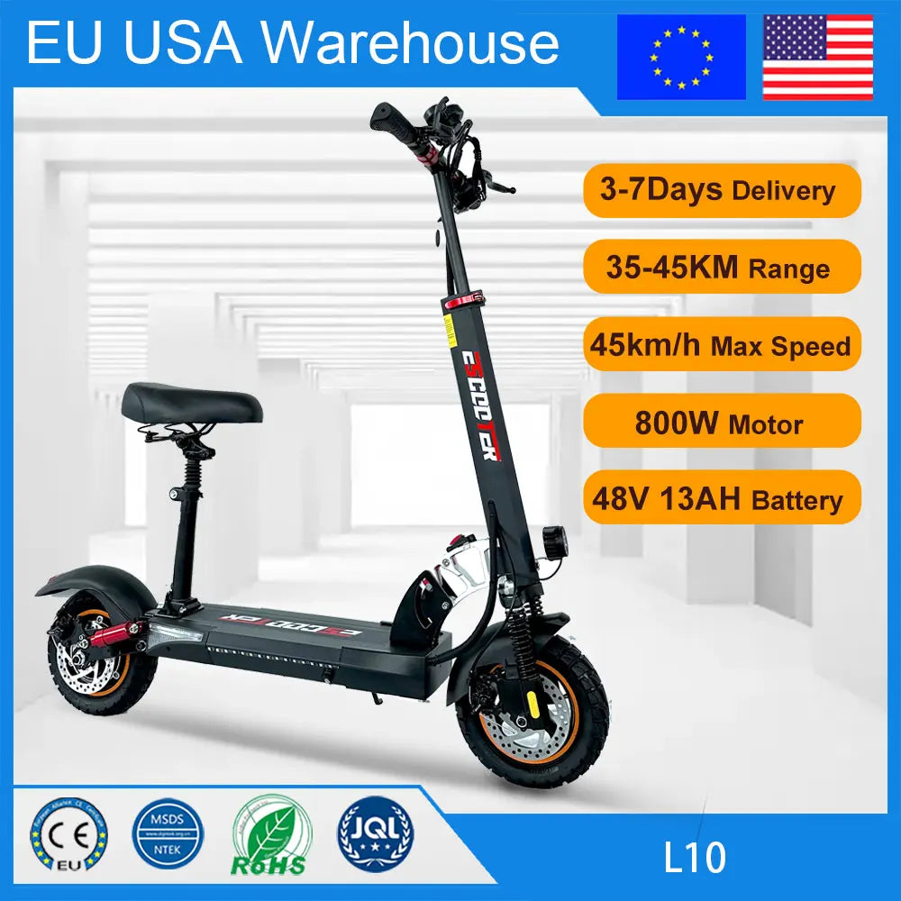 FanzyMarket 800W foldable electric kick scooter with 10-inch off-road tires, showcasing its sleek design and rugged tires for off-road riding.