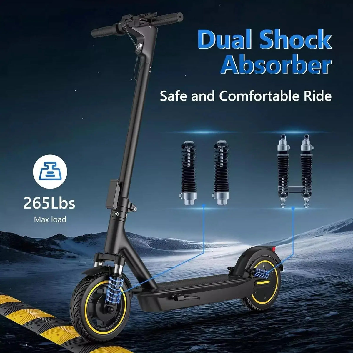 FanzyMarket folding electric scooter with 10-inch tires, 500W motor, dual suspension, and 28-mile range.