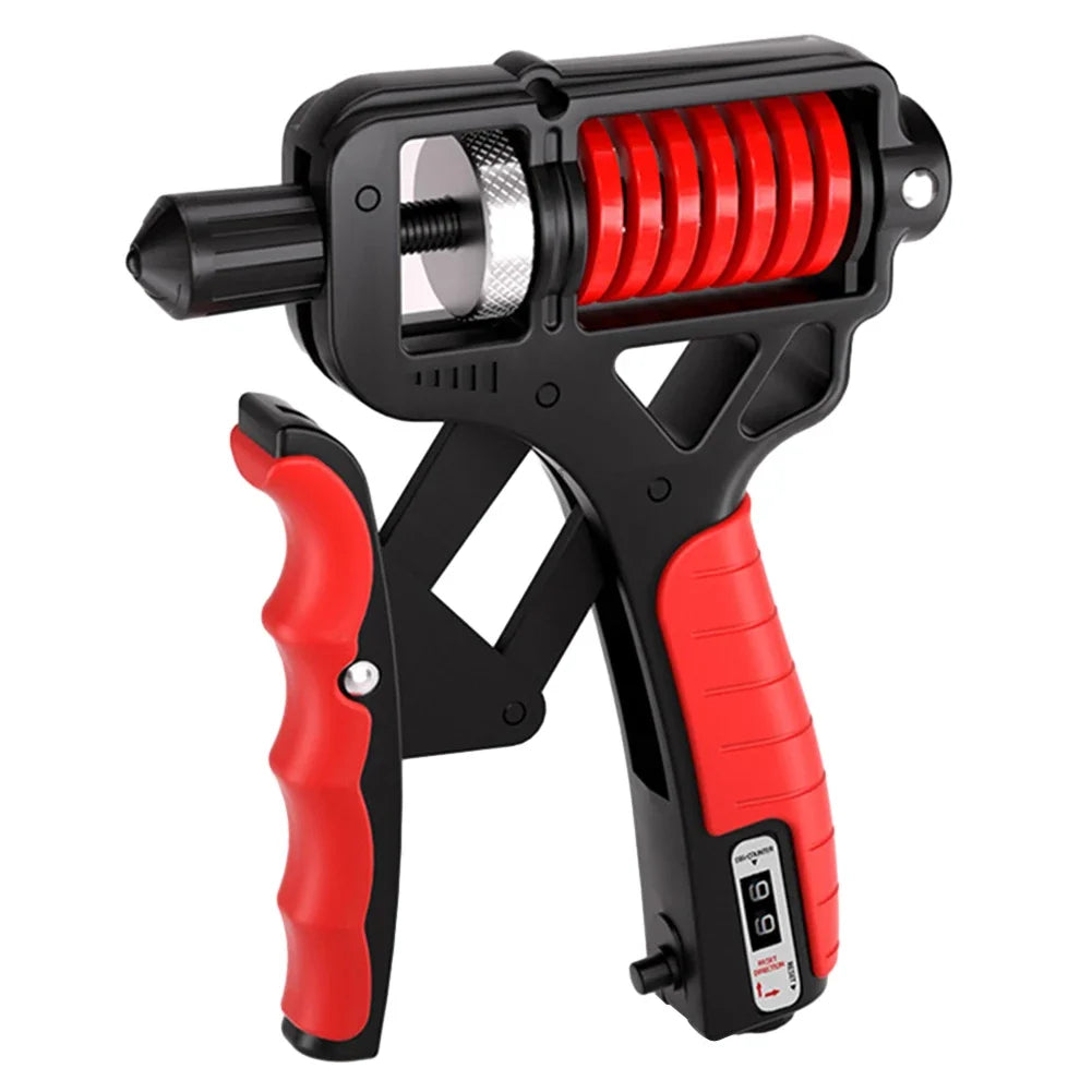 FanzyMarket adjustable hand grip strengthener with mechanical counter, red nonslip design for wrist, finger, and forearm training.