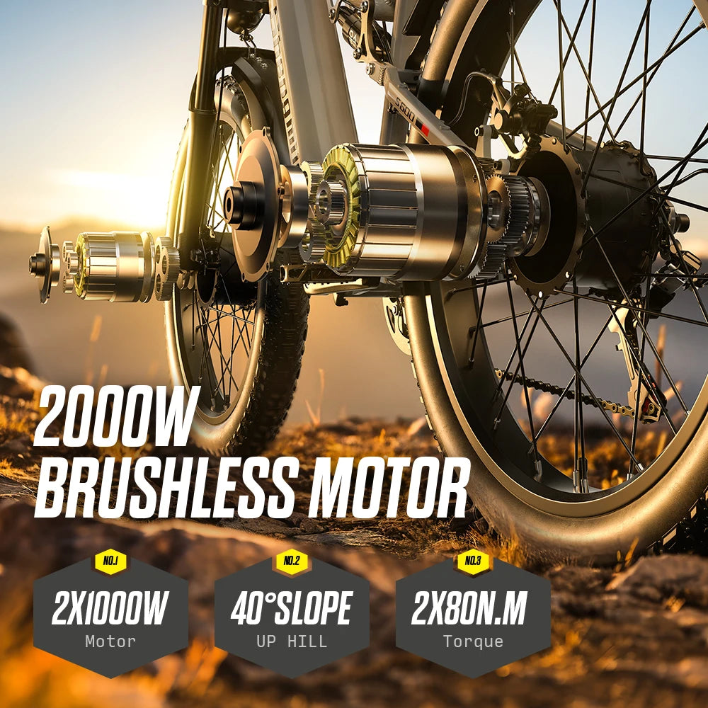 FanzyMarket 26-inch 2000W dual motor electric mountain bike with fat tires, 7-speed gear, and removable 48V battery.