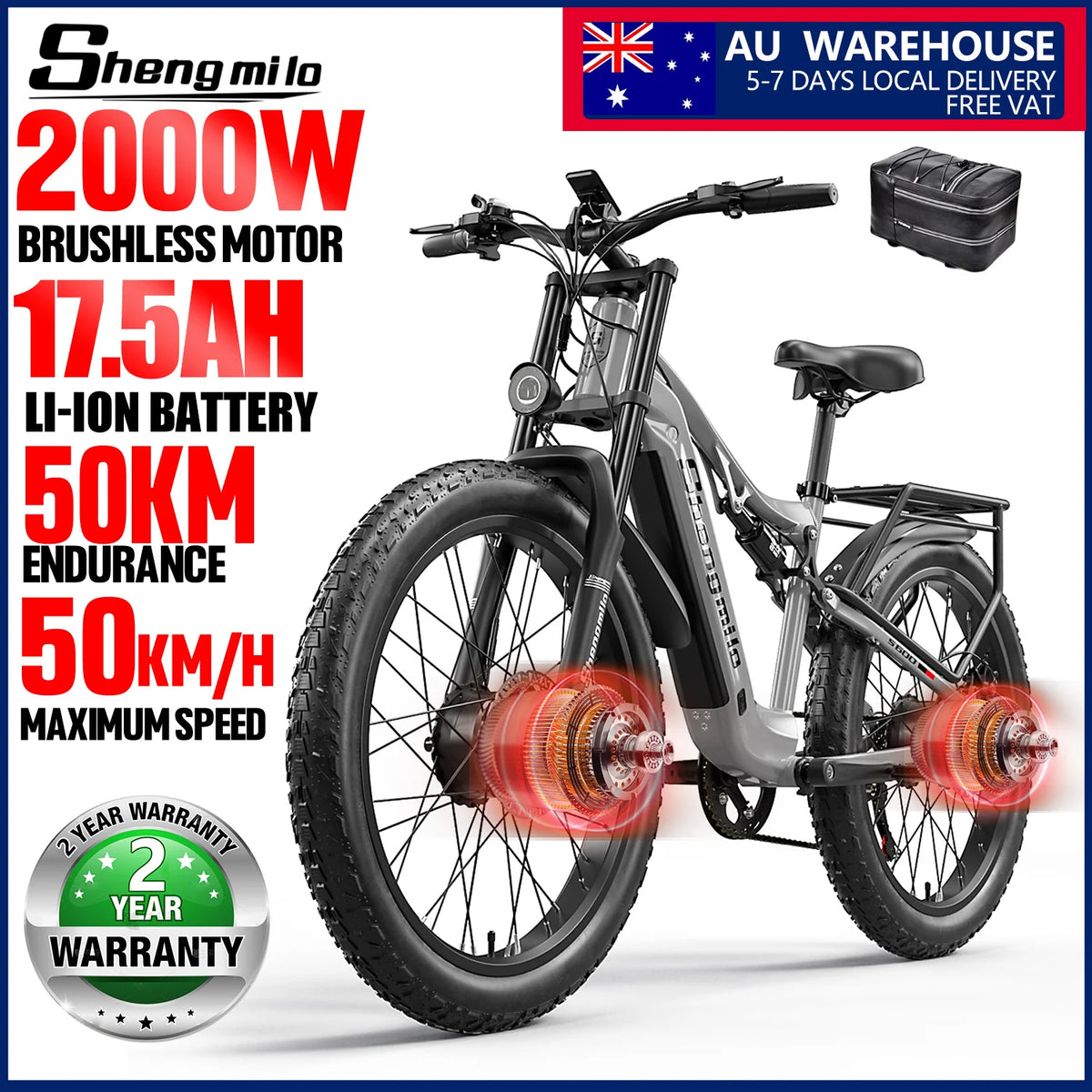 FanzyMarket 26-inch 2000W dual motor electric mountain bike with fat tires, 7-speed gears, and removable 48V 17.5Ah battery.