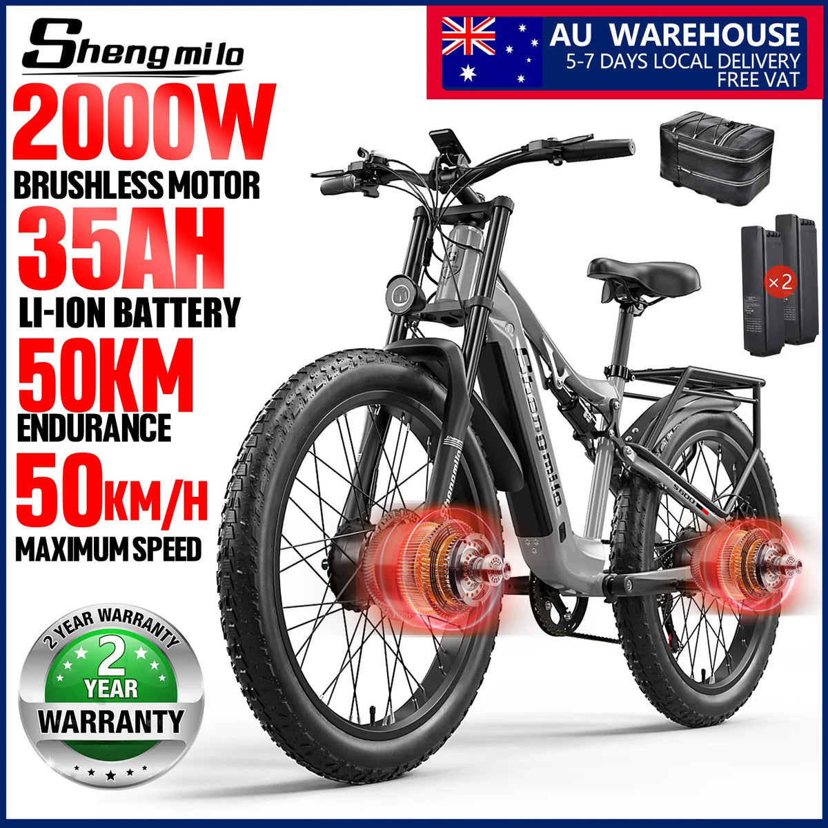 FanzyMarket 26-inch electric mountain bike with dual 2000W motors, fat tires, 7-speed gear, and removable 48V 17.5Ah battery.
