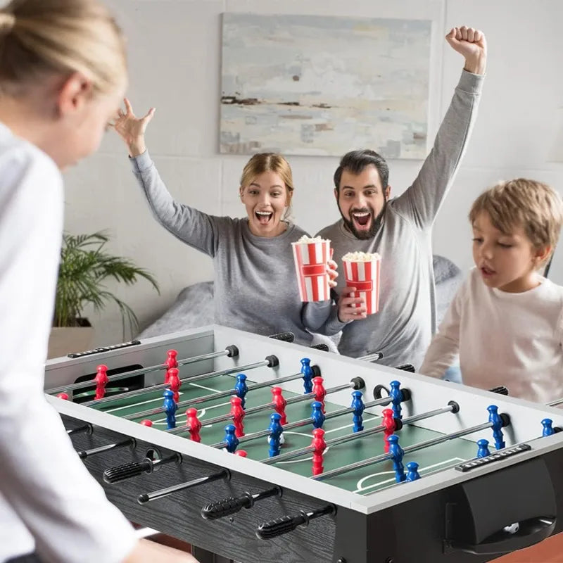 FanzyMarket 48-inch wooden foosball table with four players, scorekeepers, and two balls for arcade-style soccer gaming.