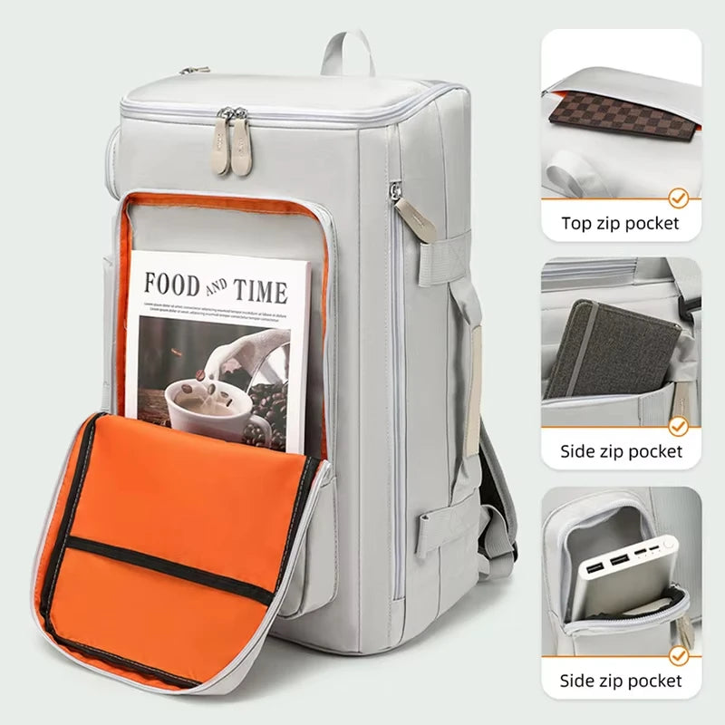 Large white FanzyMarket sports backpack with wet/dry separation, suitable for gym, yoga, fitness, and fishing, 32x21x54 cm.